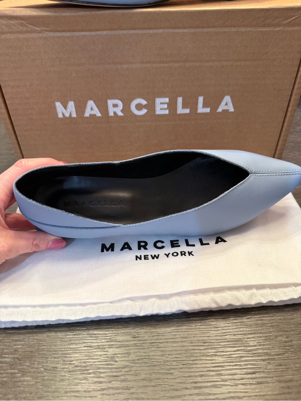 Marcella Pale Blue Pointed Leather Flat